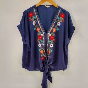 entro Blue Embroidered Blouse with Front Tie Size Large V Neck Flowy Oversized